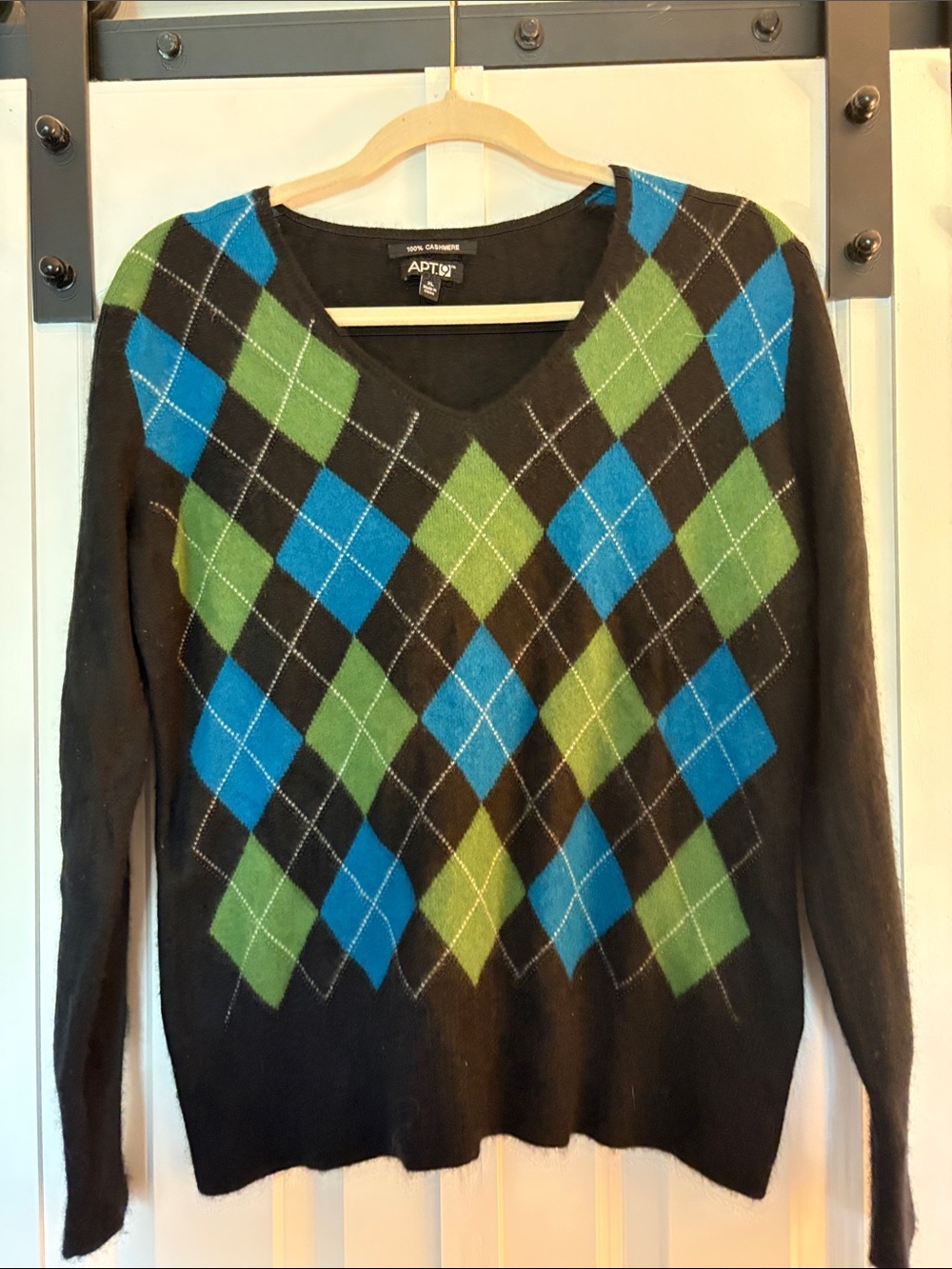 Apt. 9 Black V-Neck Argyle Sweater with Blue & Green Diamonds cashmere